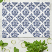 Elegant marineblauw op witte  damast theedoek (Gevouwen)