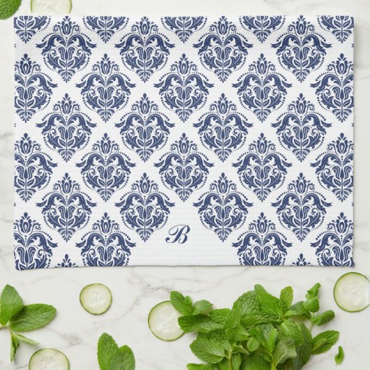 Elegant marineblauw op witte damast theedoek (Gevouwen)