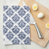 Elegant marineblauw op witte damast theedoek (Quarter Fold)