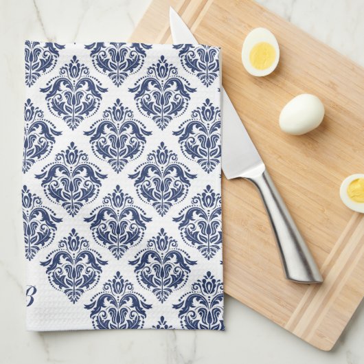 Elegant marineblauw op witte  damast theedoek (Quarter Fold)