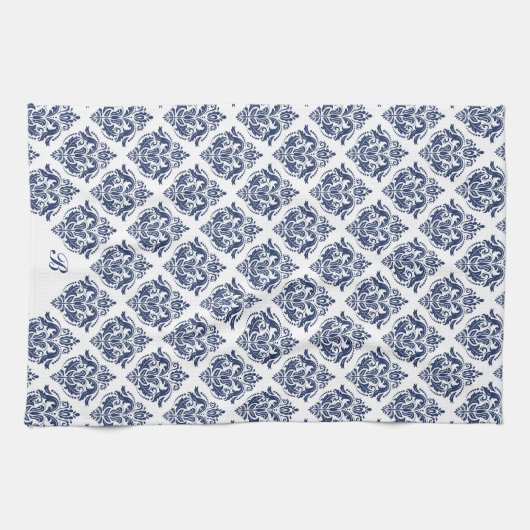 Elegant marineblauw op witte  damast theedoek (Horizontaal)