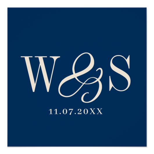 Elegant marineblauw paar initialen bruiloft perfect poster (Voorkant)
