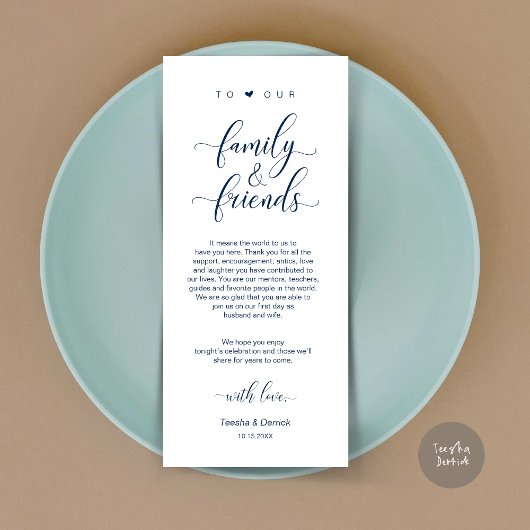 Elegant marineblauw, plaatsinstelling bedankpas programmakaart