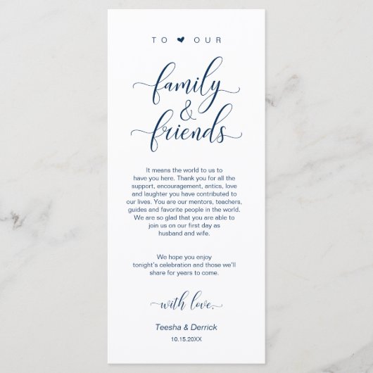 Elegant marineblauw, plaatsinstelling bedankpas programmakaart (Voorkant)