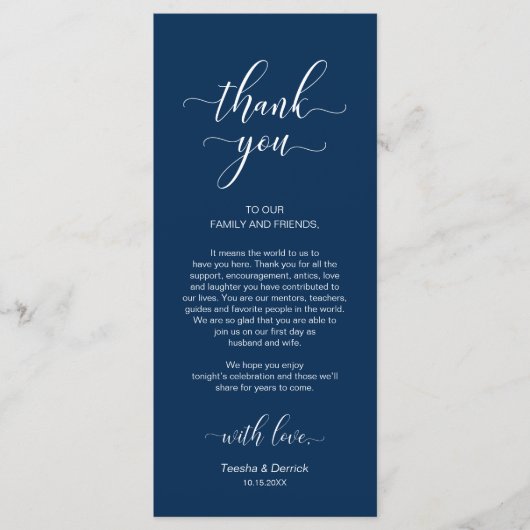 Elegant marineblauw, plaatsinstelling bedankpas programmakaart (Voorkant)