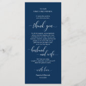 Elegant marineblauw, plaatsinstelling bedankpas programmakaart (Voorkant)