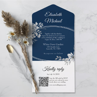 Elegant marineblauw QR Code Monogram Bruiloft RSVP All In One Uitnodiging