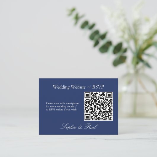 Elegant marineblauw QR Code Website RSVP-kaart Informatiekaartje (Staand voorkant)