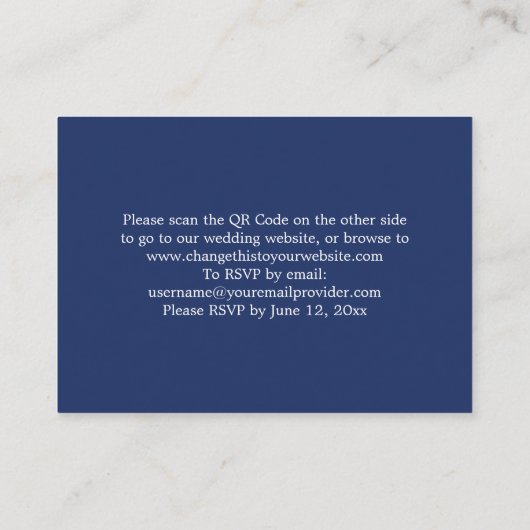 Elegant marineblauw QR Code Website RSVP-kaart Informatiekaartje (Achterkant)
