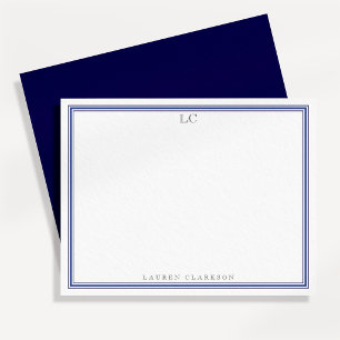 Elegant marineblauw rand monogram briefpapier noti kaart