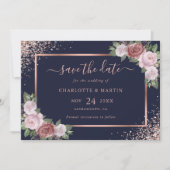 Elegant marineblauw Roos gouden glitter bloemenbru Save The Date (Voorkant)