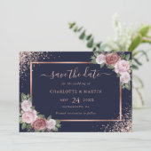 Elegant marineblauw Roos gouden glitter bloemenbru Save The Date (Staand voorkant)