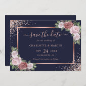Elegant marineblauw Roos gouden glitter bloemenbru Save The Date (Voorkant / Achterkant)