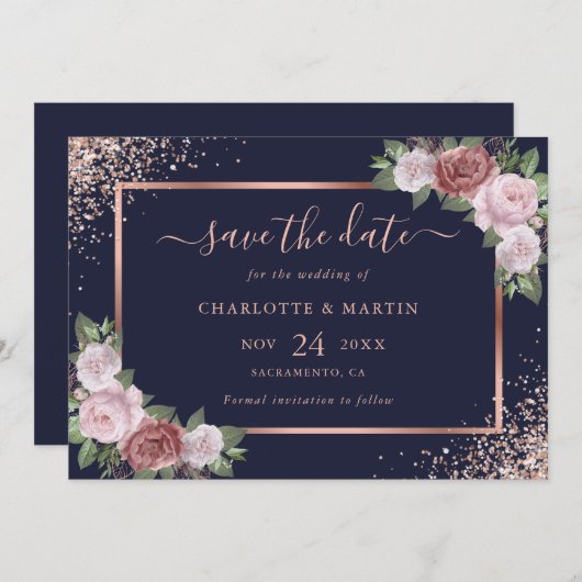Elegant marineblauw Roos gouden glitter bloemenbru Save The Date (Voorkant / Achterkant)