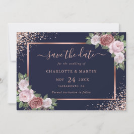 Elegant marineblauw Roos gouden glitter bloemenbru Save The Date