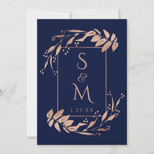 Elegant marineblauw Roos gouden loof bruiloft Kaart (Voorkant)