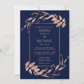Elegant marineblauw Roos gouden loof bruiloft Kaart (Achterkant)