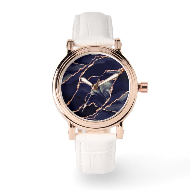 Elegant marineblauw Roos goudfolie agaat Horloge (Voorkant)