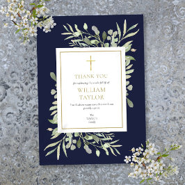 Elegant marineblauw rouwherdenkings gouden kruis bedankkaart