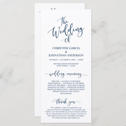 Elegant marineblauw script, huwelijksceremonie programmakaart (Voorkant / Achterkant)