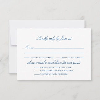 Elegant marineblauw script met maaltijdopties RSVP kaartje