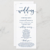 Elegant marineblauw script, onze huwelijksceremoni programmakaart (Voorkant / Achterkant)
