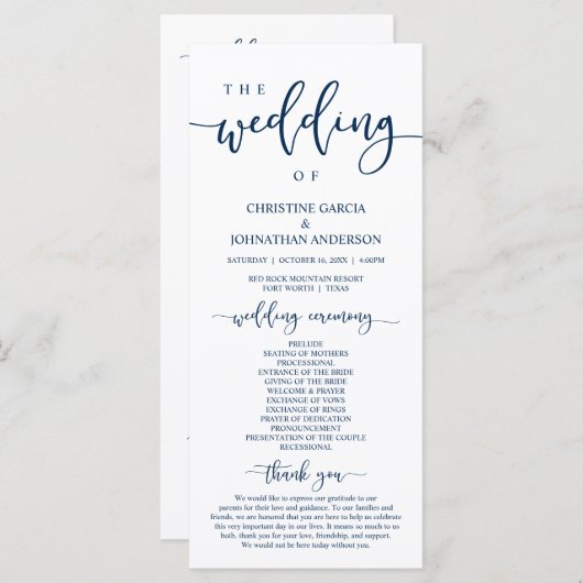 Elegant marineblauw script, onze huwelijksceremoni programmakaart (Voorkant / Achterkant)