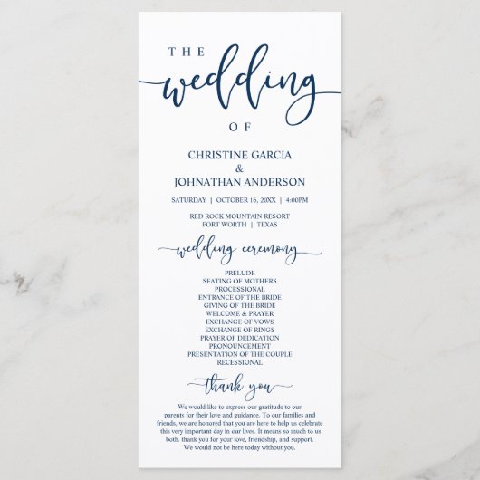 Elegant marineblauw script, onze huwelijksceremoni programmakaart (Voorkant)