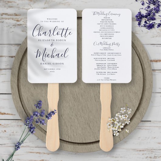 Elegant marineblauw signature schrift trouwprogram handwaaier