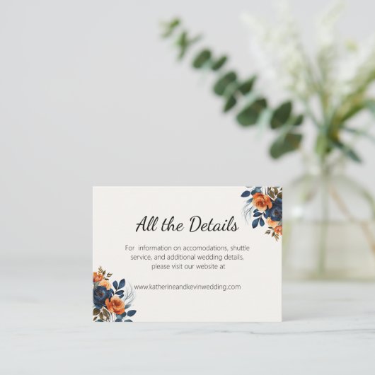 Elegant marineblauw Sinaasappel bloemen Informatiekaartje (Staand voorkant)