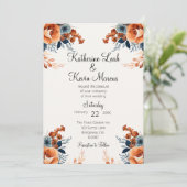 Elegant marineblauw Sinaasappel bloemen Kaart (Staand voorkant)