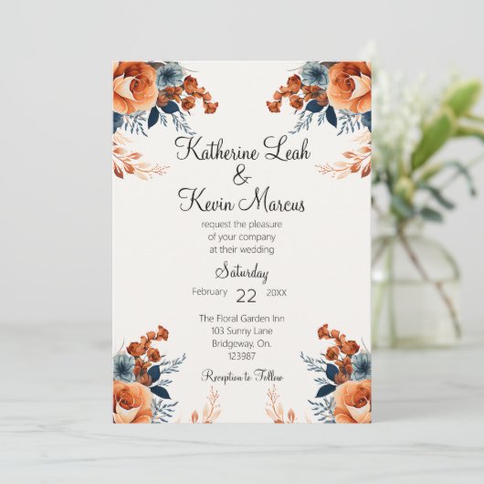 Elegant marineblauw Sinaasappel bloemen Kaart (Staand voorkant)