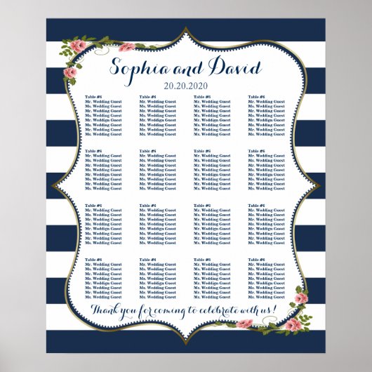 Elegant marineblauw Stripes Wedding Seding Chart Poster (Voorkant)