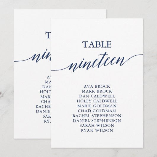 Elegant marineblauw Tabel Nummer 19 Zitkuur Kaart (Voorkant / Achterkant)