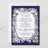 Elegant marineblauw wit bloemenvogel  bruiloft kaart (Voorkant)