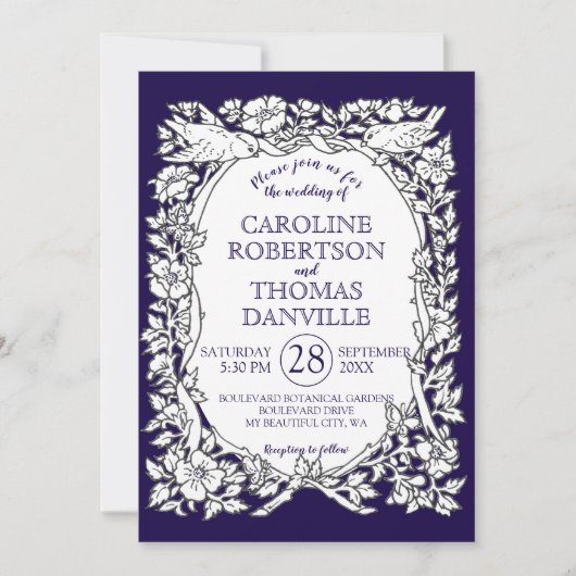 Elegant marineblauw wit bloemenvogel  bruiloft kaart (Voorkant)