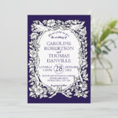 Elegant marineblauw wit bloemenvogel  bruiloft kaart (Staand voorkant)