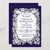 Elegant marineblauw wit bloemenvogel  bruiloft kaart (Voorkant / Achterkant)