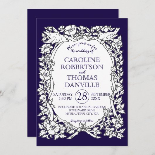 Elegant marineblauw wit bloemenvogel  bruiloft kaart (Voorkant / Achterkant)