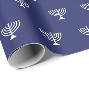 Elegant marineblauw wit Joods menorah patroon Cadeaupapier