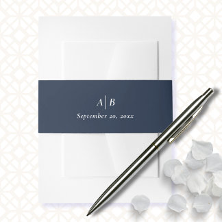 Elegant marineblauw wit minimaal monogram Initiaal Uitnodigingen Wikkel