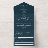 Elegant marineblauw wit script moderne bruiloft all in one uitnodiging (Binnen)