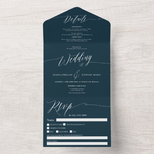 Elegant marineblauw wit script moderne bruiloft all in one uitnodiging (Binnen)