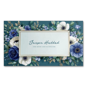 Elegant marineblauw witte bloemen teal gouden lijs magnetisch visitekaartje