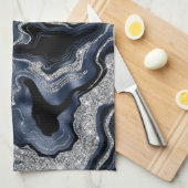 Elegant marineblauw & zilver glitter agaat patroon theedoek (Quarter Fold)