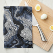 Elegant marineblauw & zilver glitter agaat patroon theedoek (Quarter Fold)