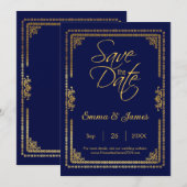 Elegant marineblauwe en gouden bruiloft save the date (Voorkant / Achterkant)