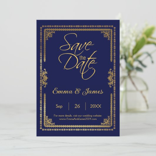 Elegant marineblauwe en gouden kader trouwfeest save the date (Staand voorkant)