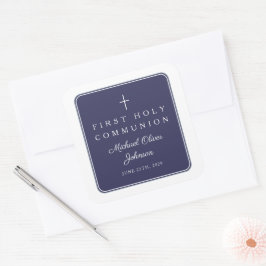 Elegant marineblauwe kruis jongen eerste communie vierkante sticker