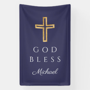 Elegant marineblauwe religieuze kruis jongen God z Spandoek
